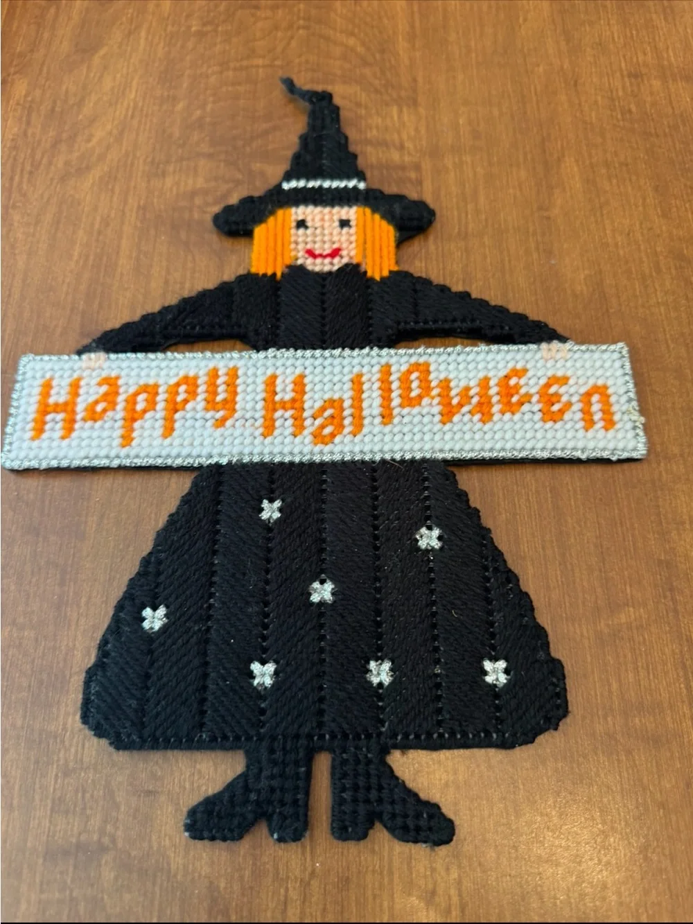 Halloween Witch Wall Hanging Needlepoint Decoration - Black and Orange